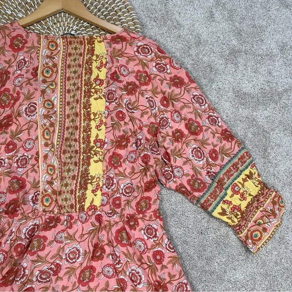 Umgee Floral Border Print Layered Mini Dress Boho Gypsy Rose Pink Plus Size 1X - Picture 9 of 15